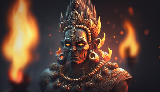 Portrait d'Agni le dieu indien du feu entouré des flammes de son Dominion