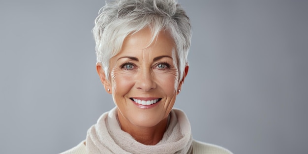 Portrait agrandi de femme aux cheveux courts aux cheveux gris Bannière Photo de haute qualité AI générative