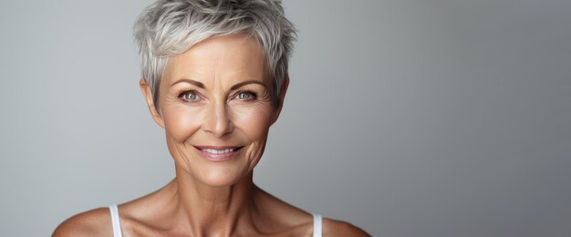 Portrait agrandi de femme aux cheveux courts aux cheveux gris Bannière Photo de haute qualité AI générative