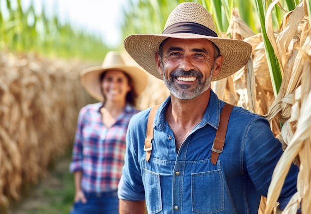 Portrait d'un agriculteur adulte mature et d'une jeune agricultrice travaillant sur le terrain Agriculteurs locaux souriants debout sur fond de champ de maïs Le concept d'occupation rurale AI générative