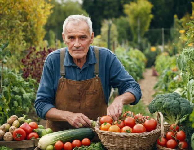 Photo portrait d'un agriculteur âgé dans la nature génération d'ia