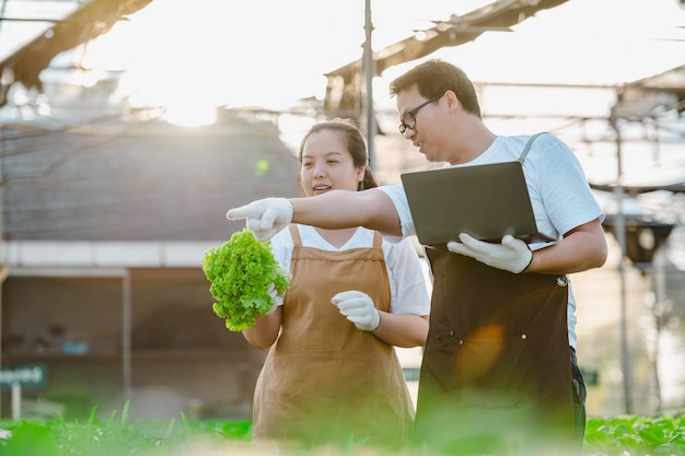 Portrait d'un agriculteur asiatique et d'une femme travaillant avec un ordinateur portable dans une ferme hydroponique de légumes biologiques. Propriétaire d'un jardin de salade hydroponique vérifiant la qualité des légumes dans la plantation en serre.