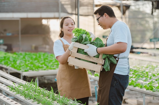 Portrait d'un agriculteur asiatique homme et femme tenant une boîte en bois pleine de crudités fraîches. Concept de ferme biologique.