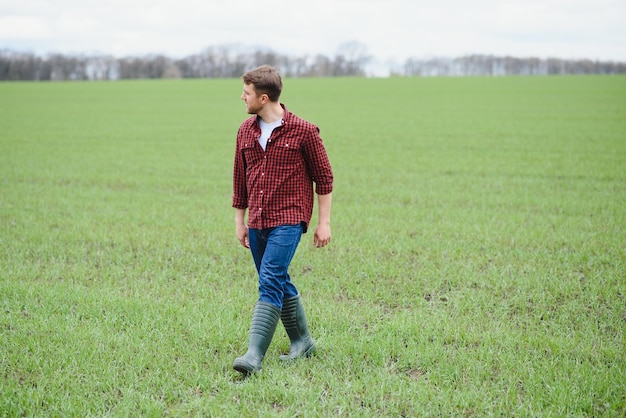 Portrait d'agriculteur debout dans un champ de blé