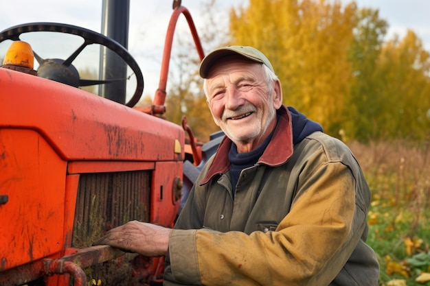 Photo portrait d'un agriculteur devant une moissonneuse