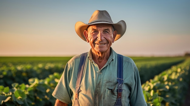 Portrait d'un agriculteur sur fond de ses champs