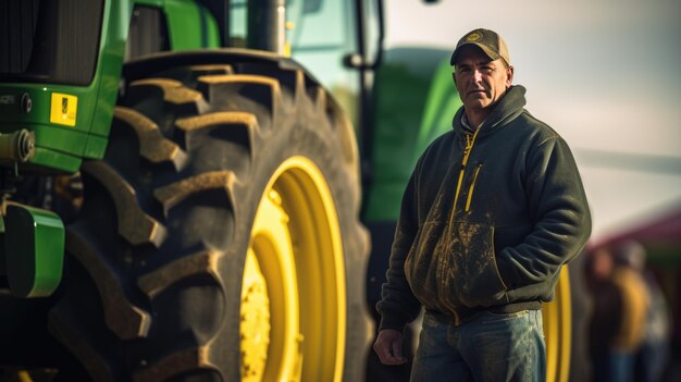 Portrait d'un agriculteur sur fond de son tracteur