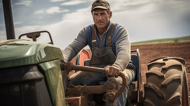 Photo portrait d'un agriculteur sur fond de son tracteur