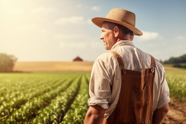 Portrait d'un agriculteur heureux et mature dans un champ d'IA générative