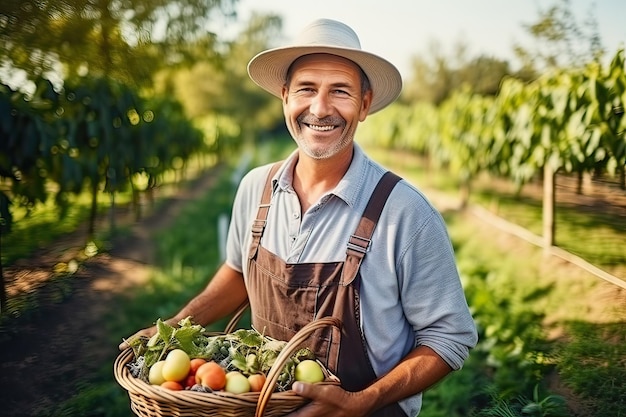 Portrait d'un agriculteur senior souriant tenant un panier rempli de tomates fraîchement récoltées dans le jardin