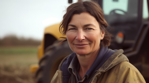 Photo portrait d'une agricultrice d'âge moyen souriant devant son tracteur generative ai aig20