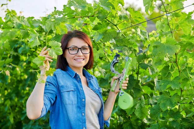 Portrait d'une agricultrice jardinière faisant la jarretière de buissons de vigne dans le vignoble