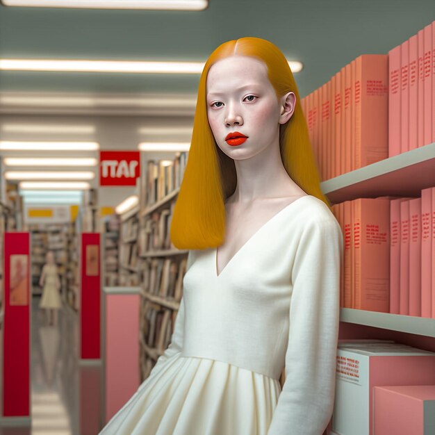 Portrait ai génératif belle femme albinos à la mode posant à l'intérieur librairie glamour