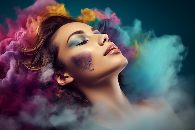 Photo portrait ai génératif femme douce avec corps nu brumeux yeux fermés rêve coloré nageant dans une brume satisfaisante utiliser de la poudre