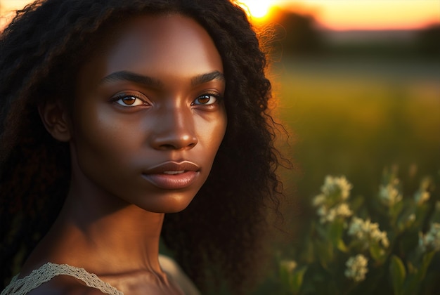 Portrait ai génératif jeune femme noire rétro-éclairage extérieur