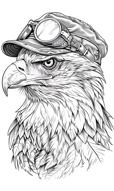 Portrait d'un aigle chauve portant une casquette d'aviateur avec une expression royale T-shirt de tatouage d'art de contour de port