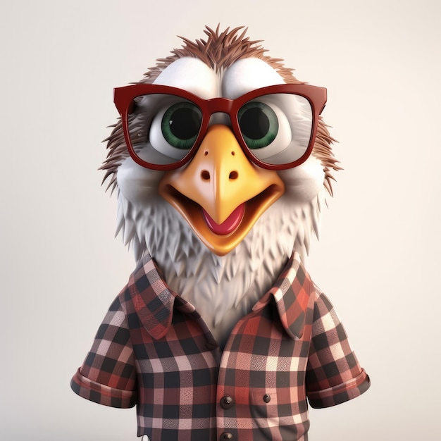 Portrait d'aigle de dessin animé 3D portant des vêtements debout devant des lumières de studio génératives ai