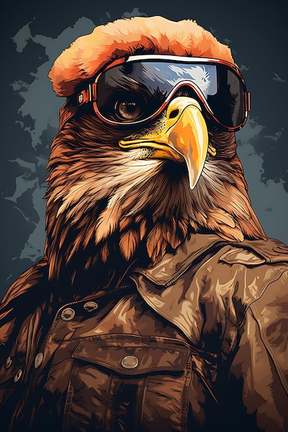 Portrait d'aigle portant une casquette d'aviateur avec un pilote cool posé par une affiche vintage 2D Flat Design Art