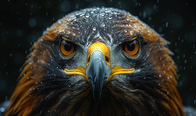 Portrait d'un aigle sous la pluie en gros plan