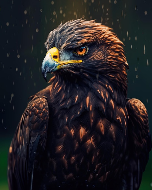 un portrait d'un aigle à tête blanche sous la pluie