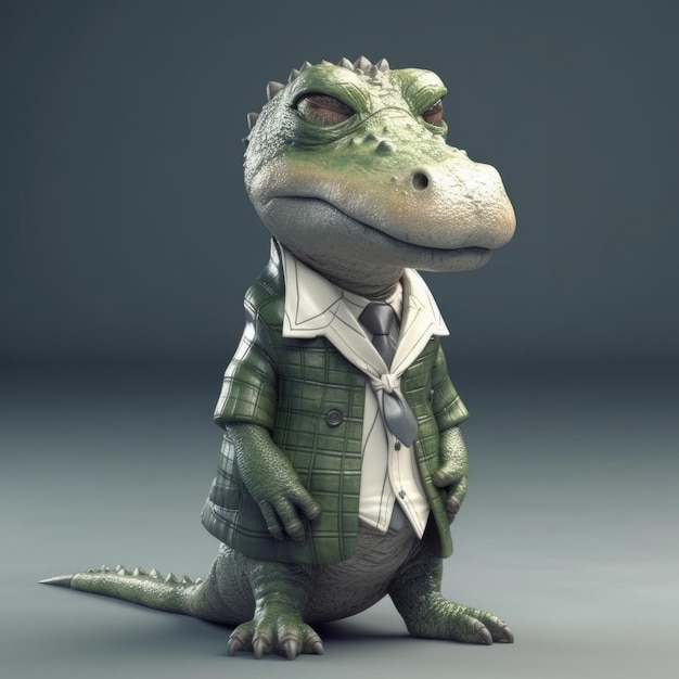 Portrait d'alligator crocodile dessin animé 3D portant des vêtements lunettes chapeau veste debout devant