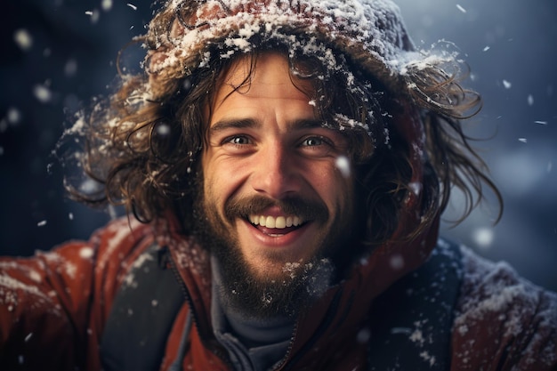 Portrait d'un alpiniste touriste souriant heureux lors d'une randonnée dans les montagnes en hiver