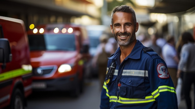 Portrait d'un ambulancier souriant en uniforme debout devant une ambulance