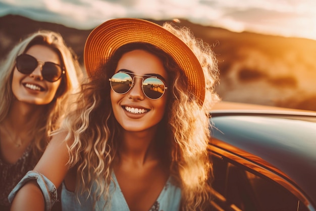 Portrait d'amis de femmes et coffre de voiture sur la plage de voyage en voiture ou se détendre en vacances pour le coucher du soleil avec le sourire Femme en plein air et amitié bonheur océan vacances ou lunettes de soleil pour le soleil d'été ensemble