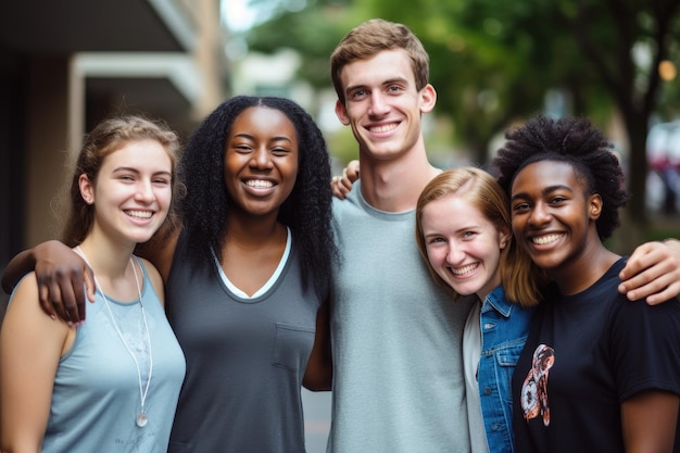 Portrait d'amis heureux debout ensemble dans la rue à l'université Photo de groupe d'un collège multiracial heureux et joyeux généré par l'IA