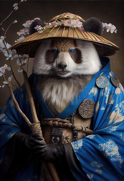 Portrait d'un ancien panda guerrier samouraï dans une ancienne armure de guerrier Le concept de l'ancien guerrier courageux