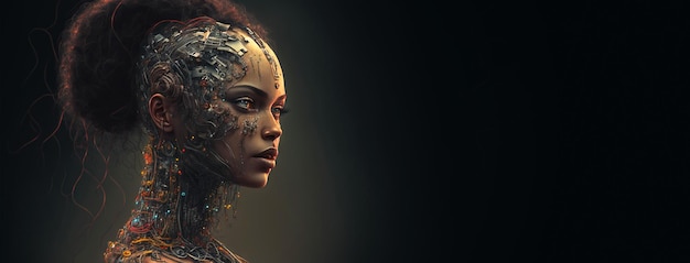 Portrait androïde féminin d'avatar d'intelligence artificielle Fils et pièces technologiques AI générative