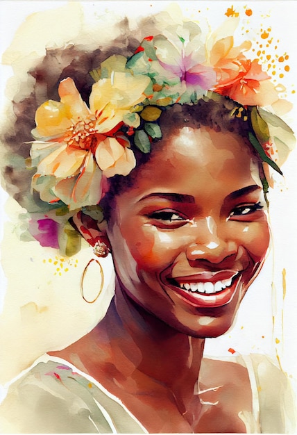 Portrait à l'aquarelle d'une belle femme noire rêveuse souriante avec des fleurs tropicales. IA générative
