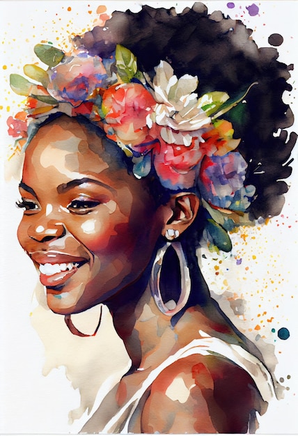 Portrait à l'aquarelle d'une belle femme noire rêveuse souriante avec des fleurs tropicales. IA générative
