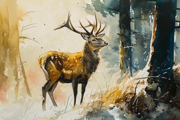 Portrait à l'aquarelle d'un cerf debout dans une clairière