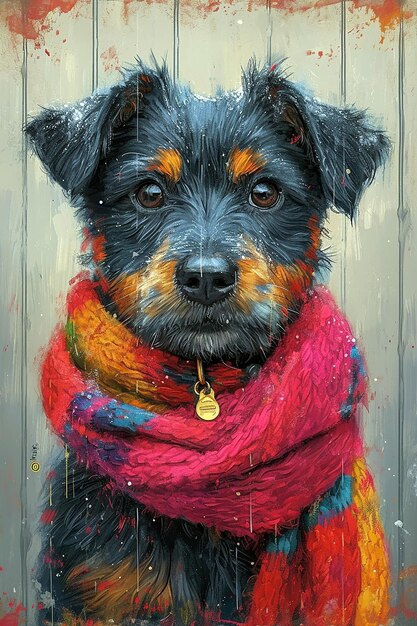 portrait à l'aquarelle d'un chien portant un foulard et de l'or