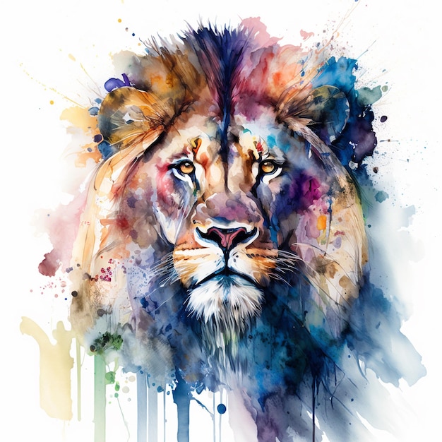 Photo un portrait à l'aquarelle coloré d'un lion ia générative