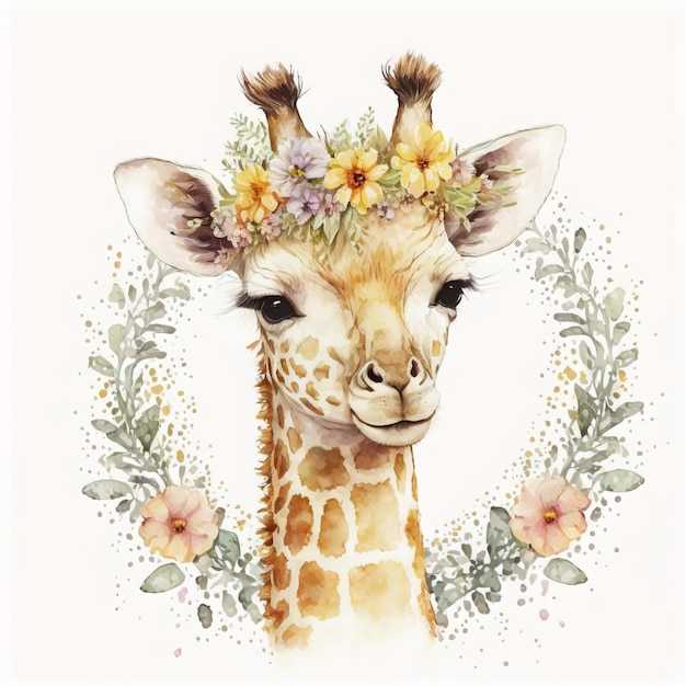 Portrait à l'aquarelle dessiné à la main d'une girafe avec une couronne de fleurs