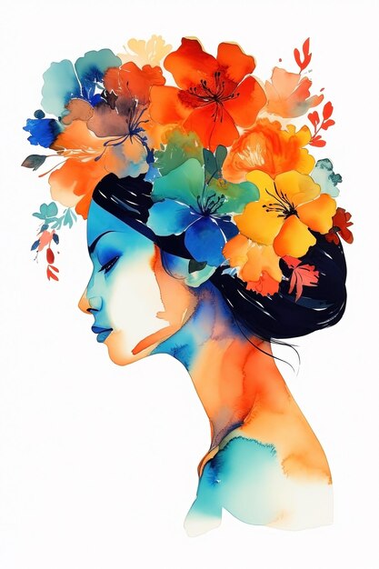 Portrait à l'aquarelle d'une femme avec des fleurs sur la tête généré par Ai