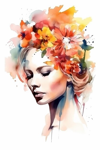 Portrait à l'aquarelle d'une femme avec des fleurs sur la tête illustration de mode d'été générée par Ai