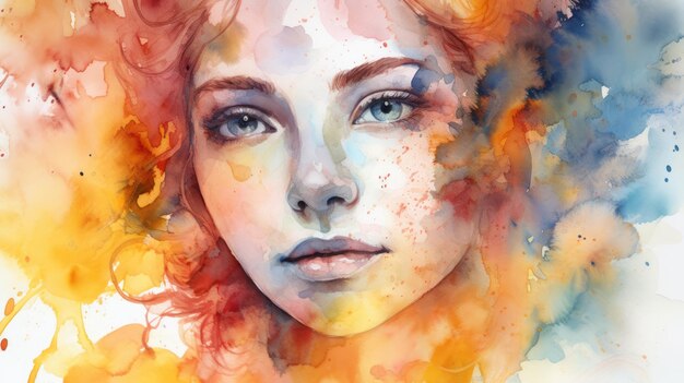 Un portrait à l'aquarelle d'une fille aux cheveux roux et aux yeux bleus.