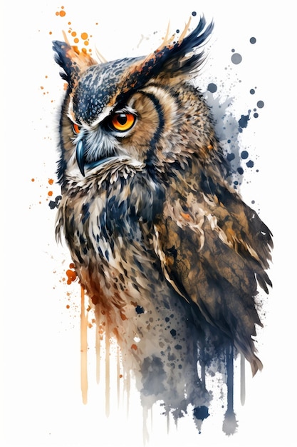 Portrait à l'aquarelle d'un hibou sur fond blanc Illustration d'IA générative