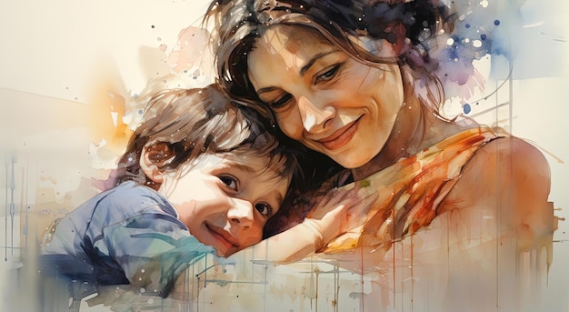 portrait d'aquarelle de mère et d'enfant