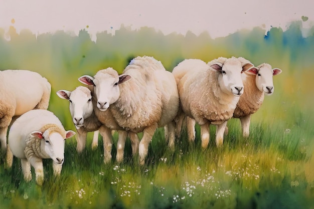 Portrait à l'aquarelle pittoresque de moutons alpins broutant sur fond de montagnes