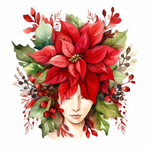 Portrait à l'aquarelle rouge d'une femme avec une fleur de poinsettia euphorbia pulcherrima sur la tête