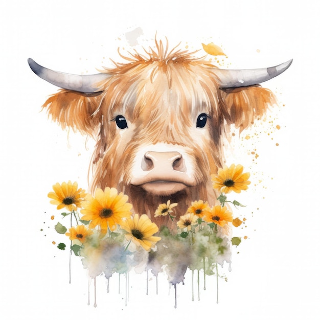 Portrait à l'aquarelle d'une vache mignonne avec des fleurs sur fond blanc
