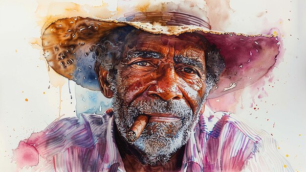 Portrait à l'aquarelle d'un vieil homme cubain