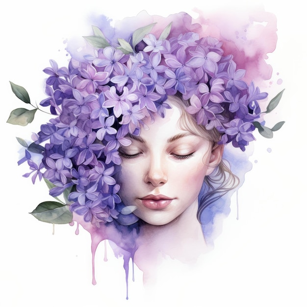 Portrait aquarelle violet d'une belle femme avec une fleur lilas dans les cheveux sur fond blanc