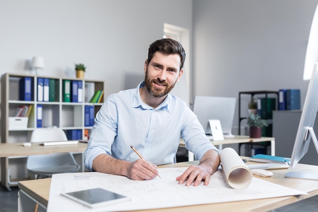 Portrait d'un architecte designer masculin réussi travaillant dans un bureau lumineux à l'ordinateur sur le dessin d'un plan de maison