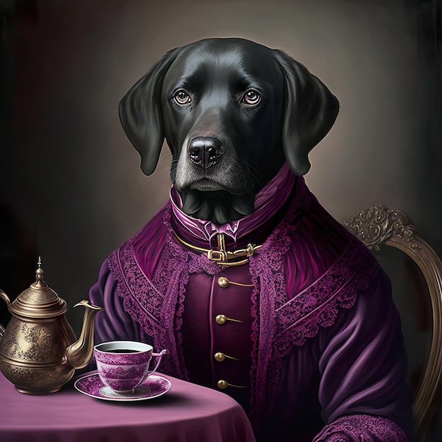 Portrait d'aristocrate du XIXe siècle d'un labrador noir anthropomorphe vêtu de vêtements magenta.