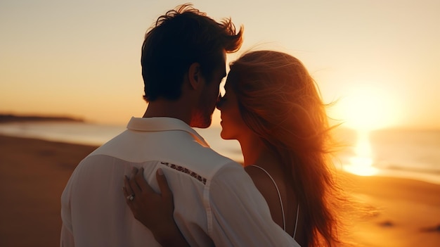 Photo portrait arrière d'un couple blanc heureux avec le coucher de soleil sur la plage en arrière-plan